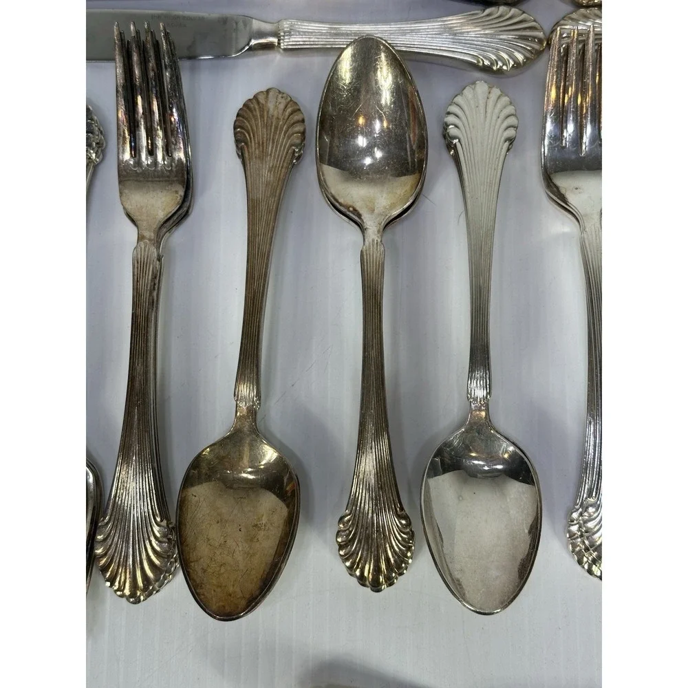 61 Pieces The Main Course Korea Silverplate Ribbed Plume Tip Flatware Set MNF48